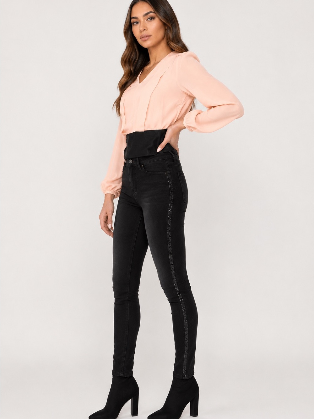 Black Crystal Stripe Rhinestone Skinny Jeans